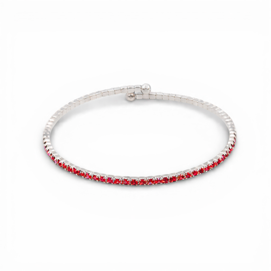 Red Faceted Glass Crystals Rhodium Plated Slim Cuff