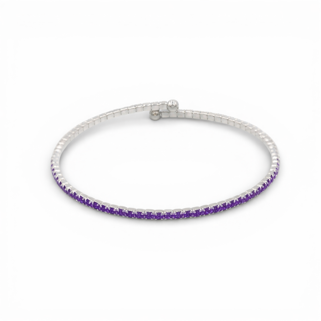 Purple Faceted Glass Crystals Rhodium Plated Slim Cuff
