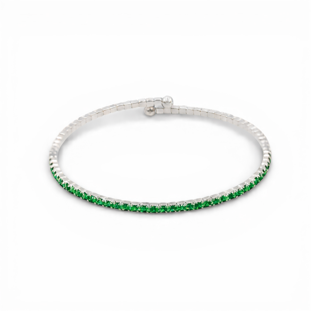 Green Faceted Glass Crystals Rhodium Plated Slim Cuff