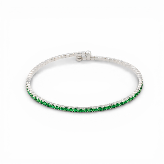 Green Faceted Glass Crystals Rhodium Plated Slim Cuff