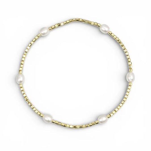 Natural Freshwater Pearl & Gold Cube Bead Bracelet