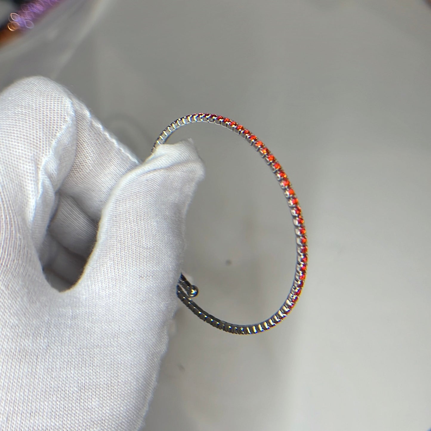 Amber Orange Faceted Glass Crystals Rhodium Plated Slim Cuff