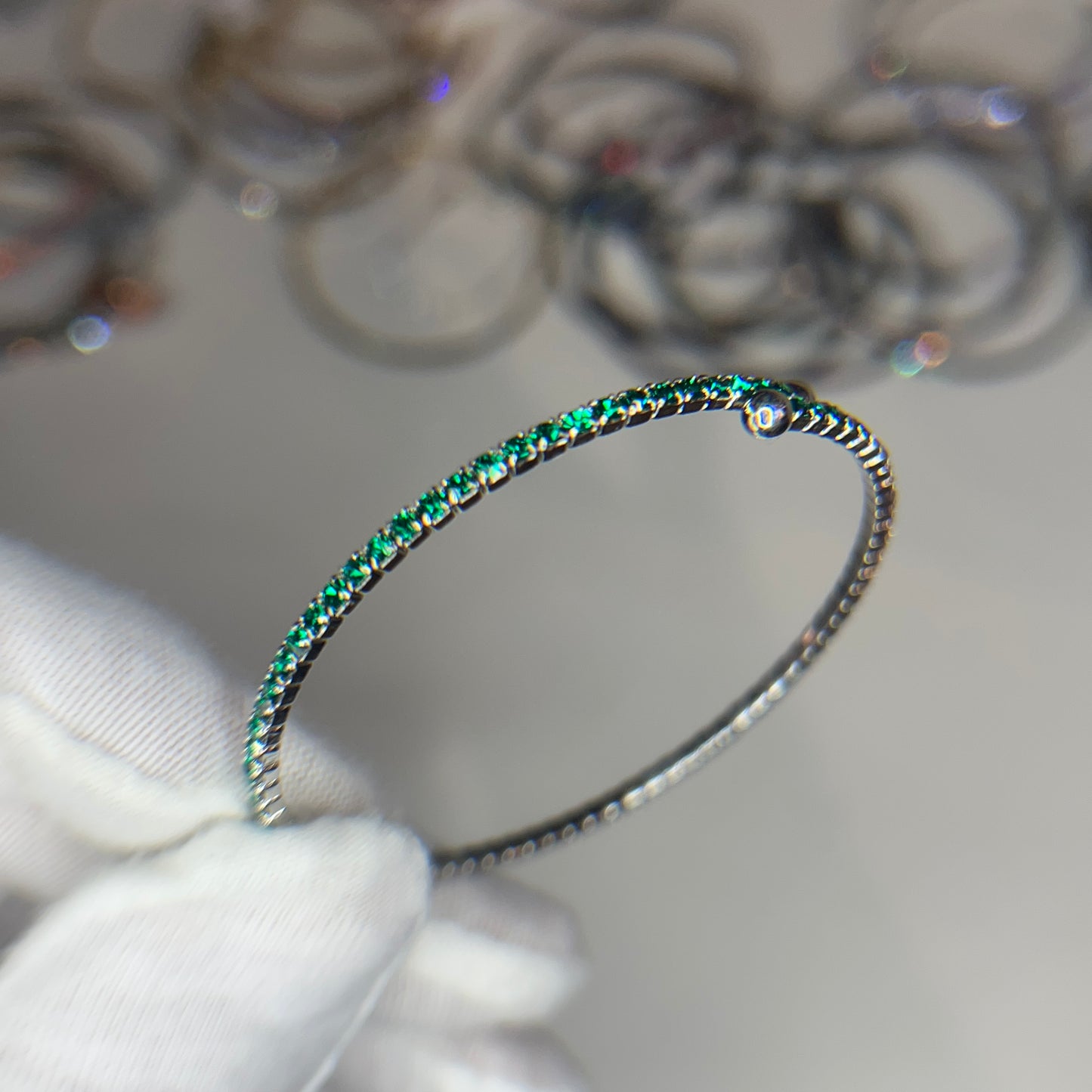Deep Green Faceted Glass Crystals Rhodium Plated Slim Cuff