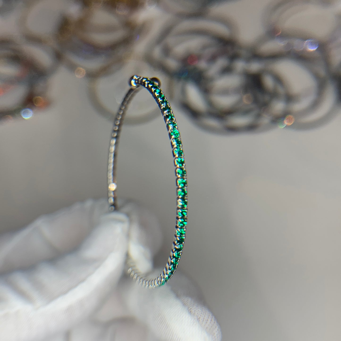 Deep Green Faceted Glass Crystals Rhodium Plated Slim Cuff