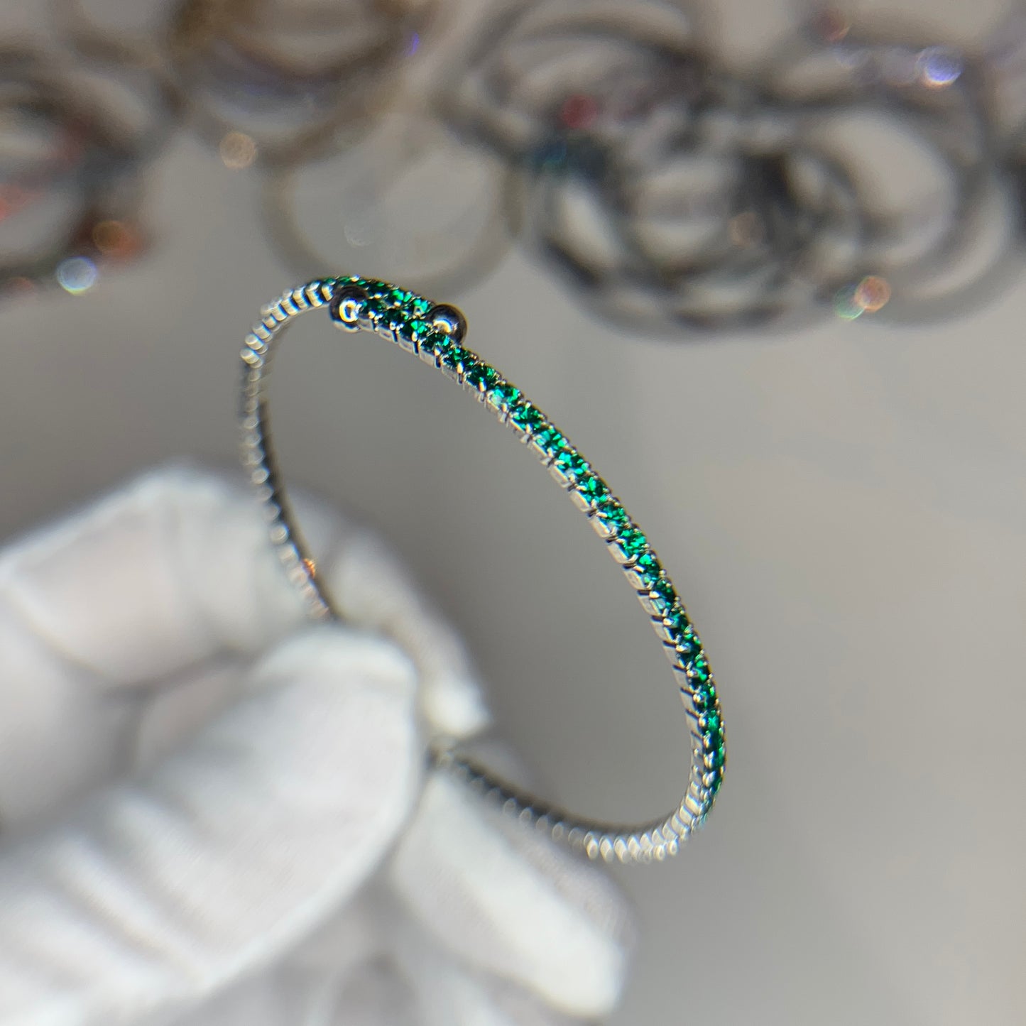 Deep Green Faceted Glass Crystals Rhodium Plated Slim Cuff