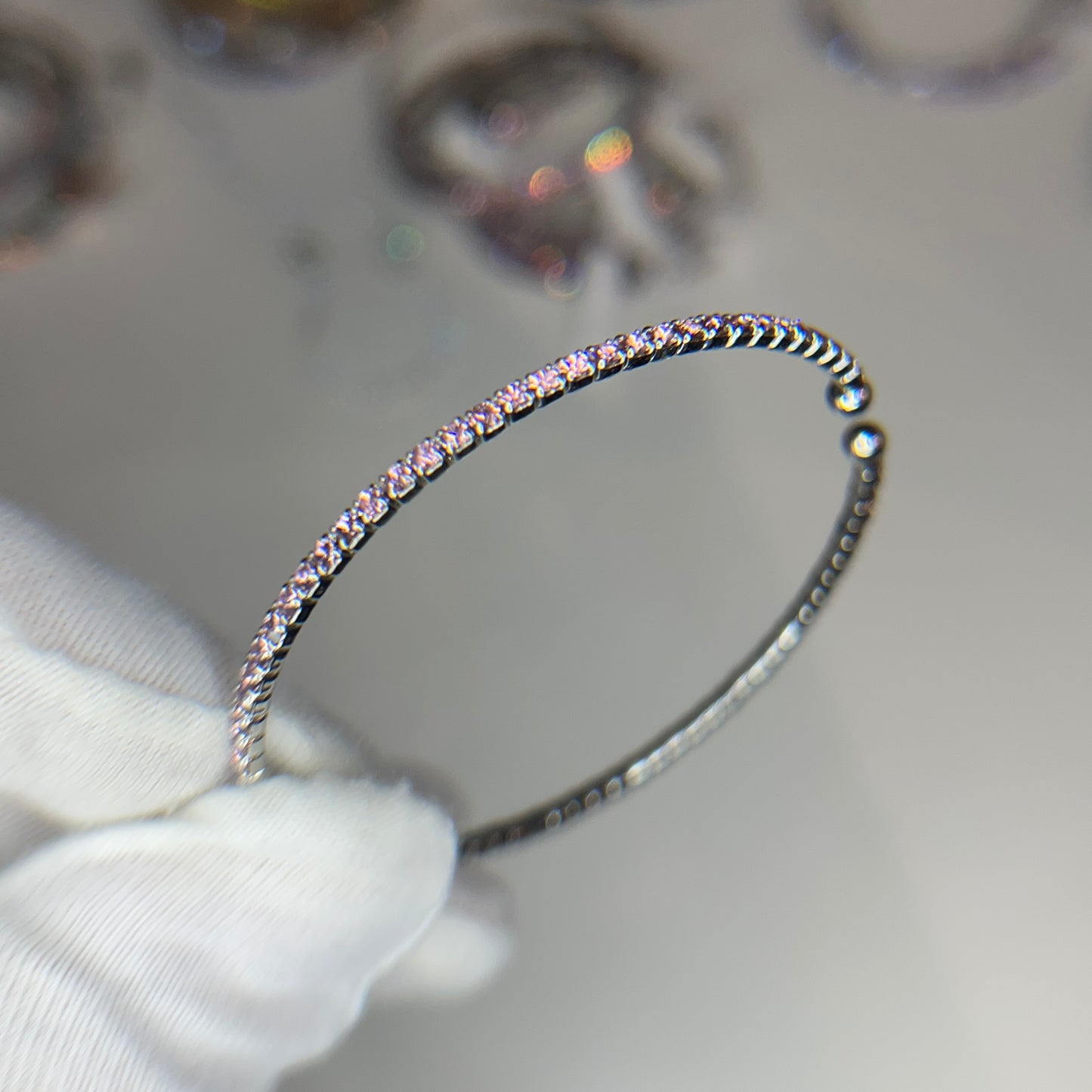 Lavender Faceted Glass Crystals Rhodium Plated Slim Cuff