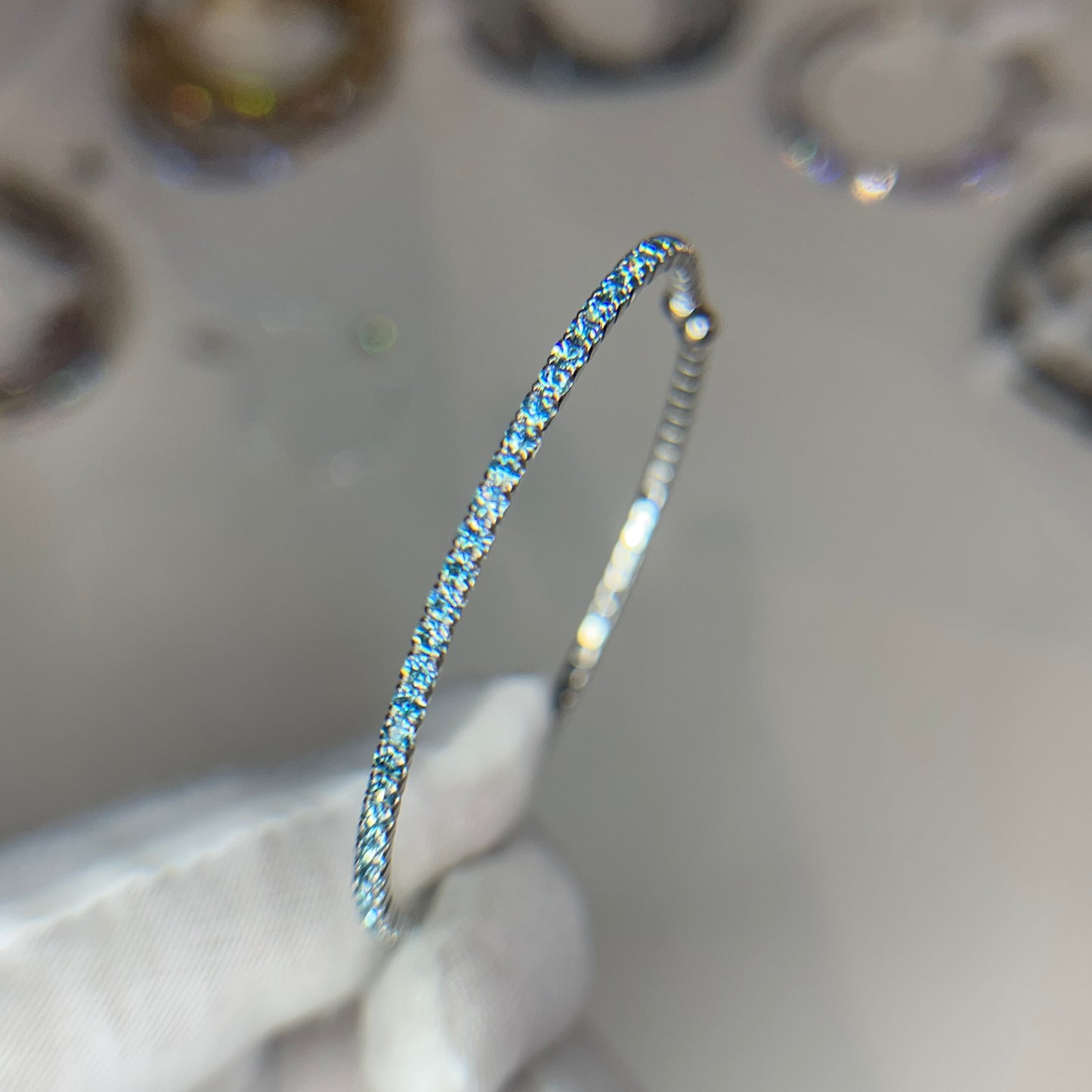 Light Blue Faceted Glass Crystals Rhodium Plated Slim Cuff