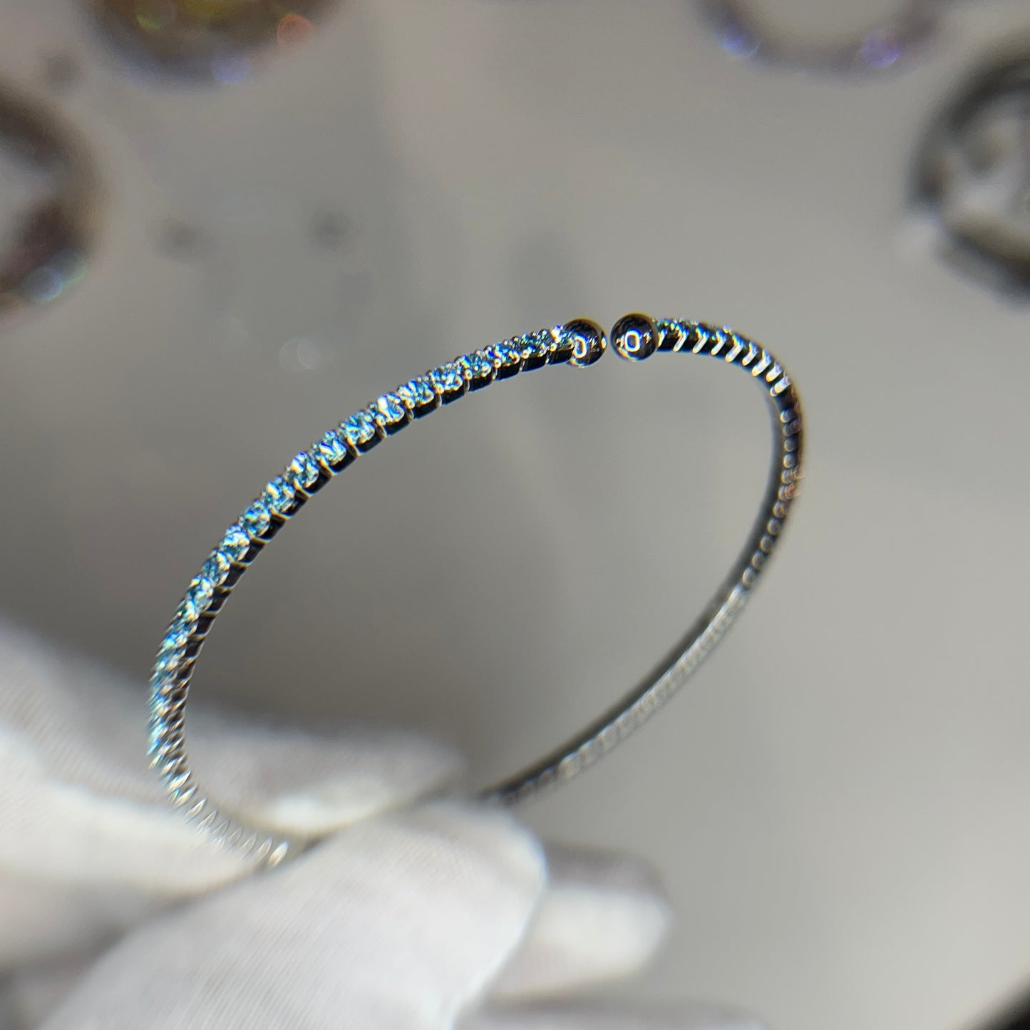 Light Blue Faceted Glass Crystals Rhodium Plated Slim Cuff