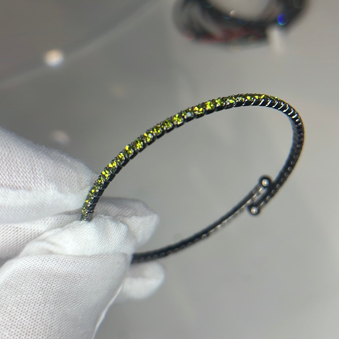 Light Green Crystals  Hematite Plated Slim Cuff