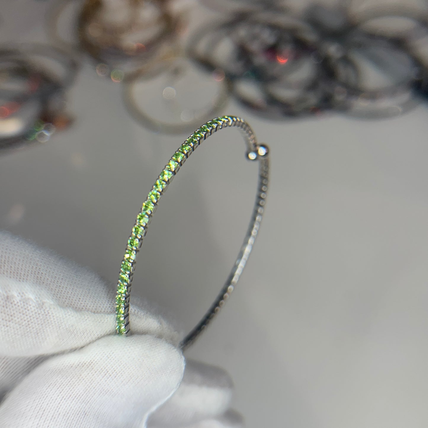 Lime Green Faceted Glass Crystals Rhodium Plated Slim Cuff