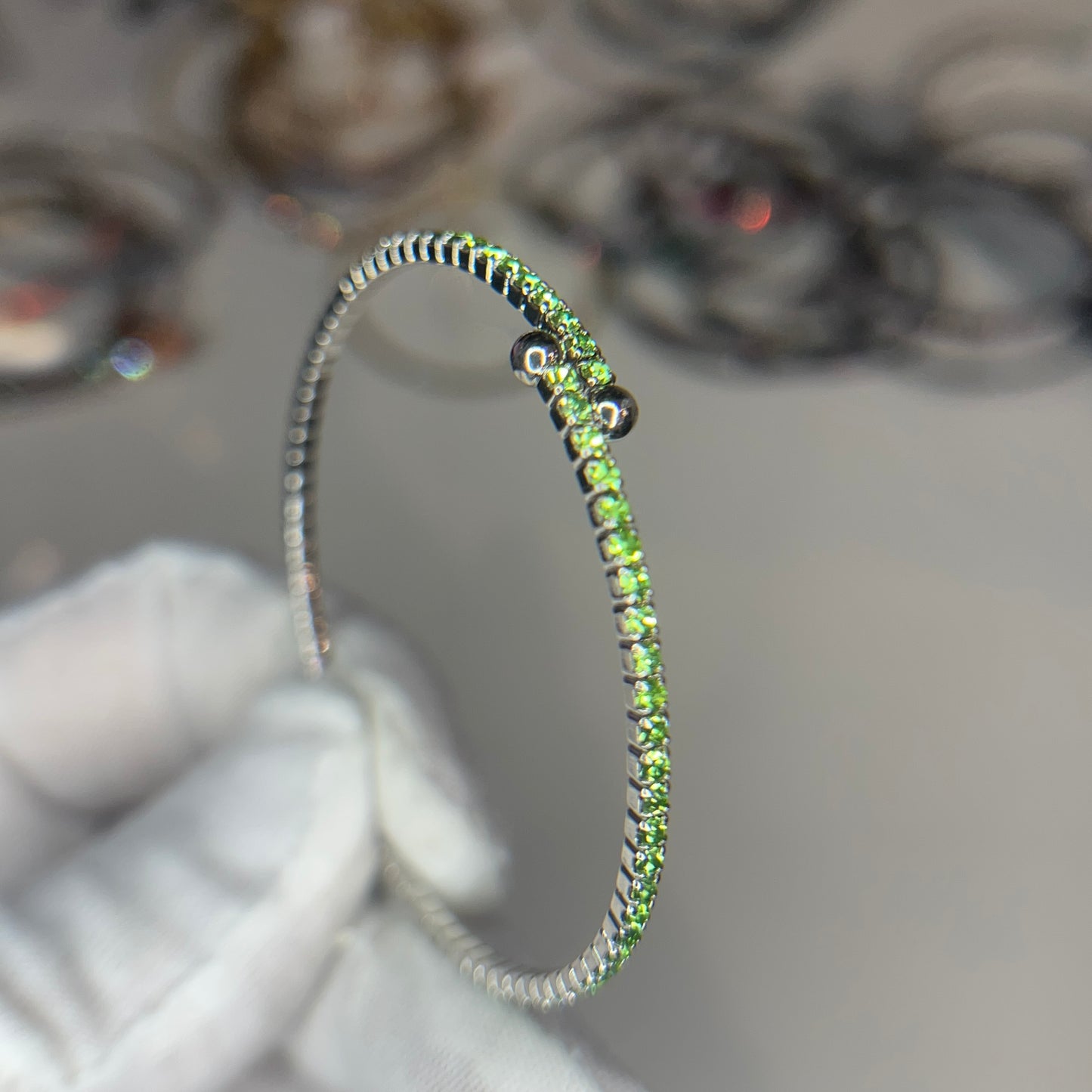 Lime Green Faceted Glass Crystals Rhodium Plated Slim Cuff