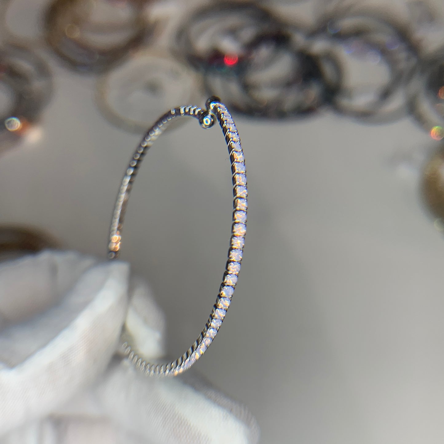 Milky Pink Opalescent Glass Crystals Rhodium Plated Slim Cuff