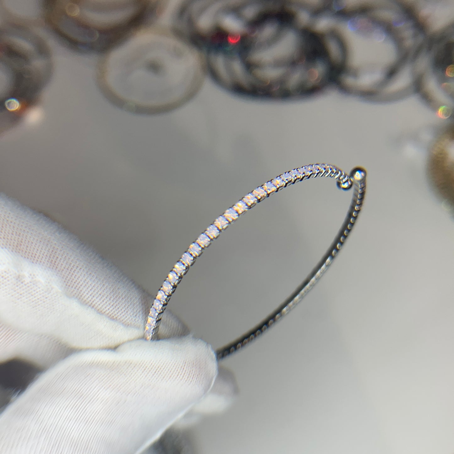 Milky Pink Opalescent Glass Crystals Rhodium Plated Slim Cuff