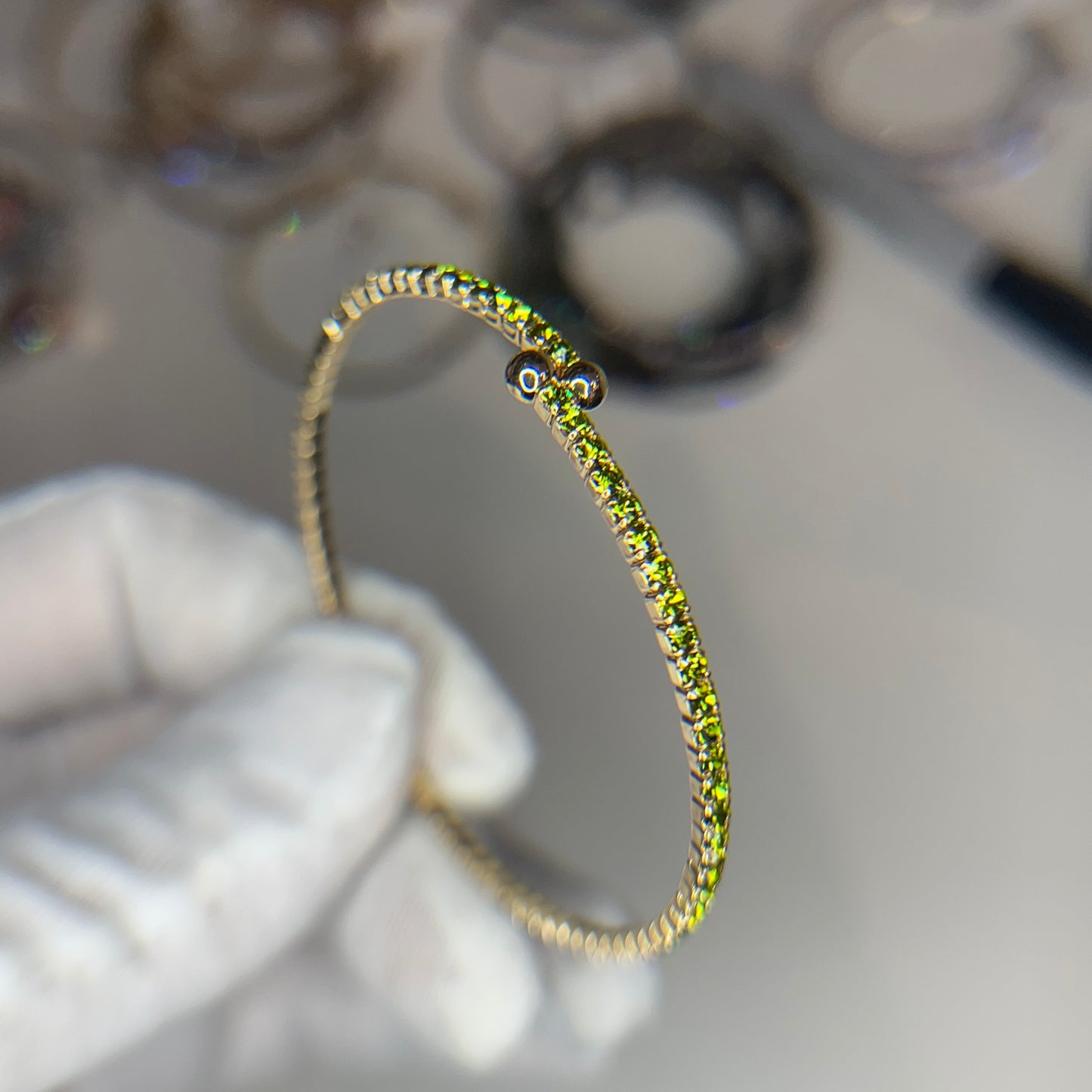Peridot Green Crystal Yellow Gold Slim Cuff