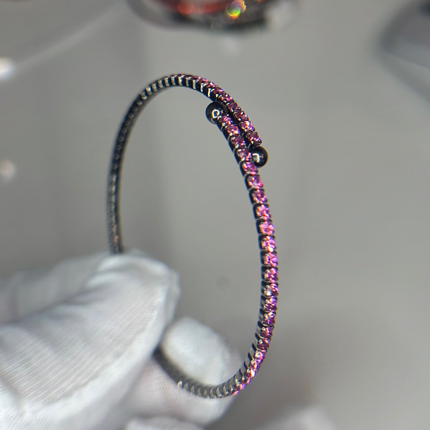 Pink Crystals Hematite Plated Slim Cuff