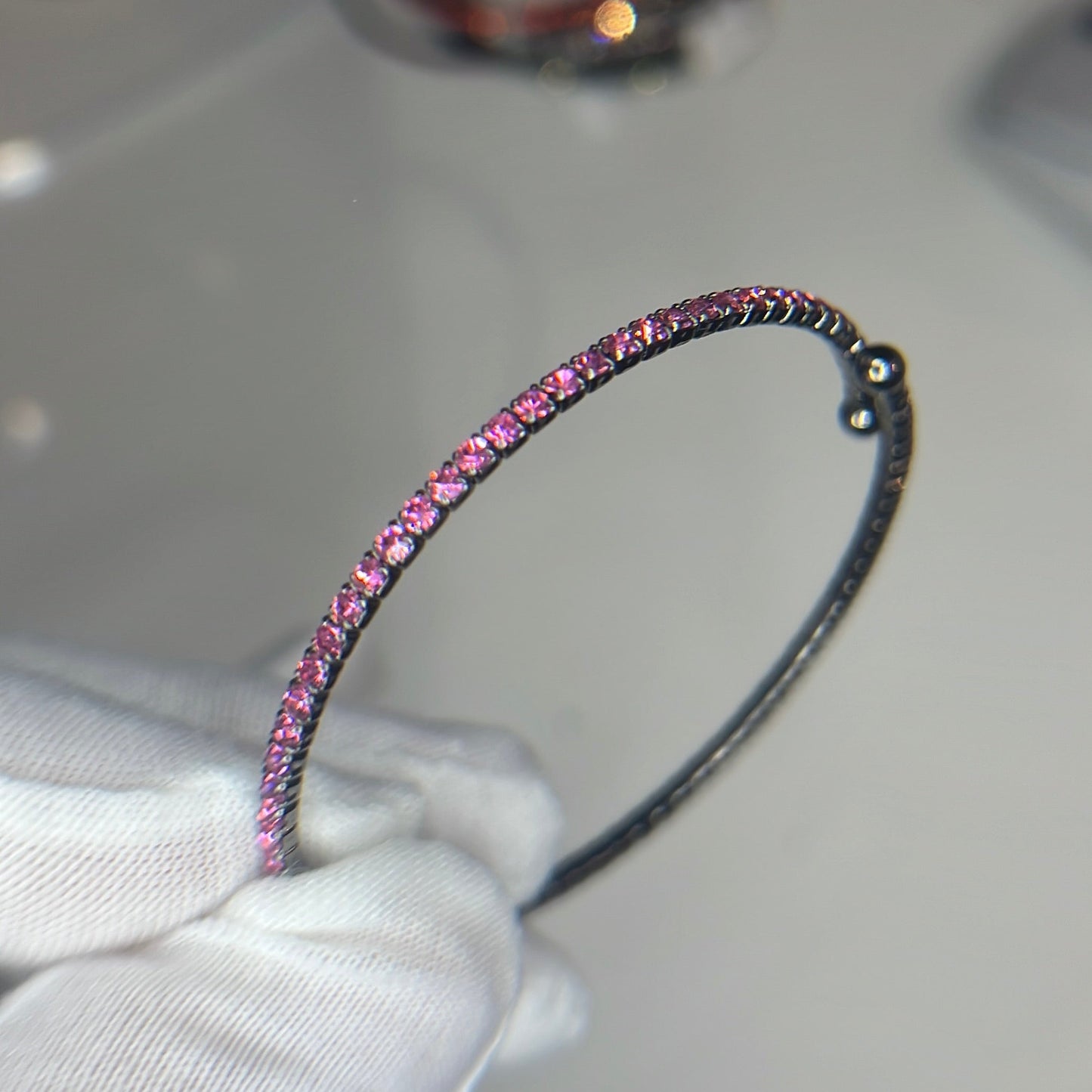 Pink Crystals Hematite Plated Slim Cuff