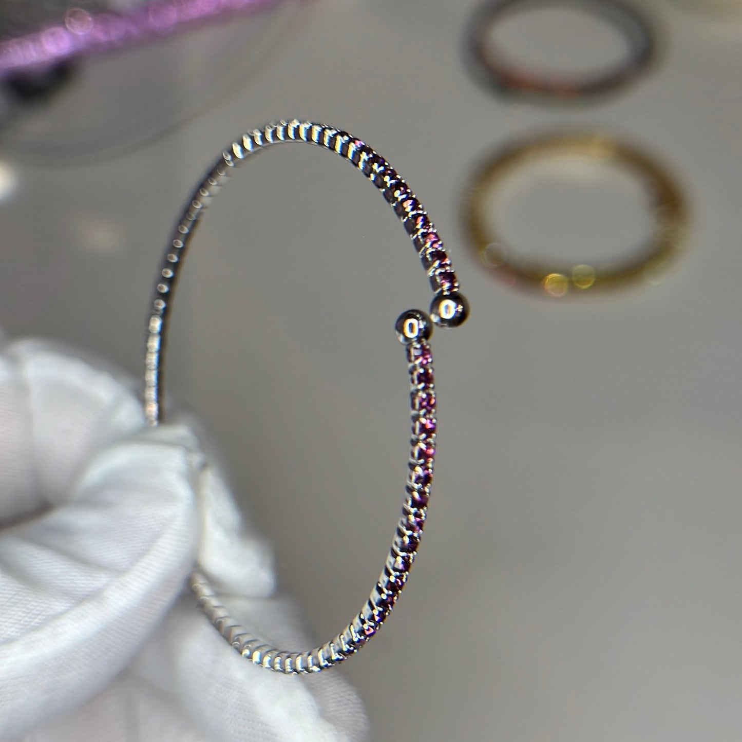 Purple Faceted Glass Crystals Rhodium Plated Slim Cuff