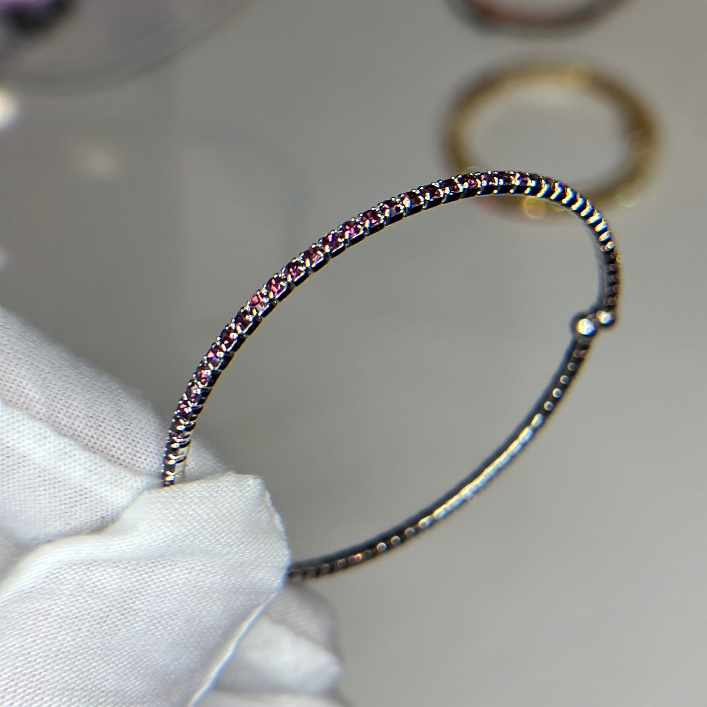 Purple Faceted Glass Crystals Rhodium Plated Slim Cuff