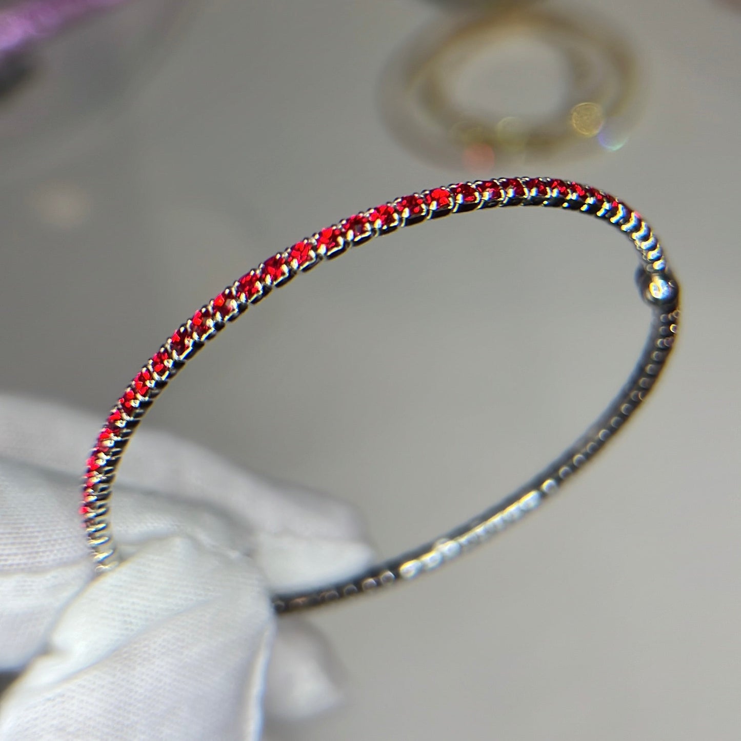 Red Faceted Glass Crystals Rhodium Plated Slim Cuff