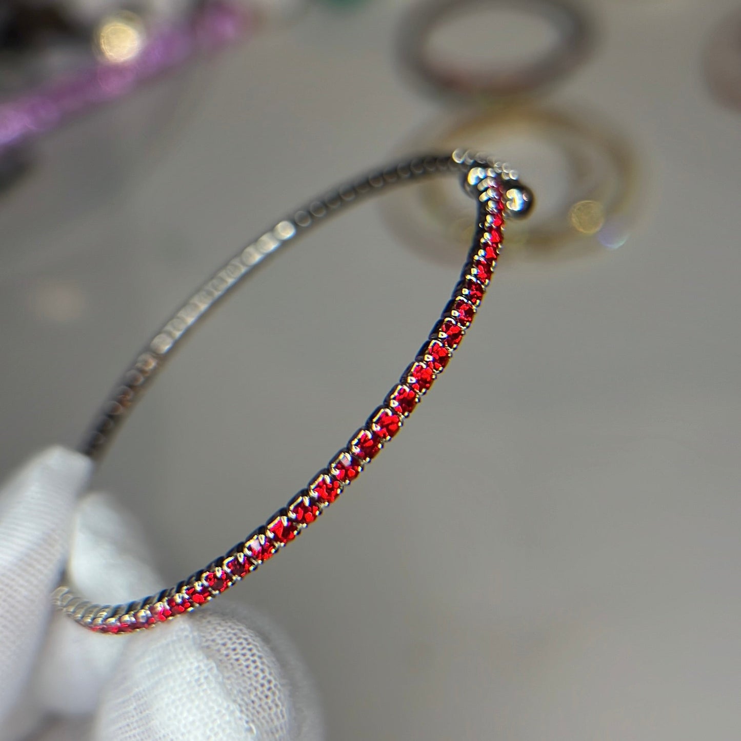 Red Faceted Glass Crystals Rhodium Plated Slim Cuff