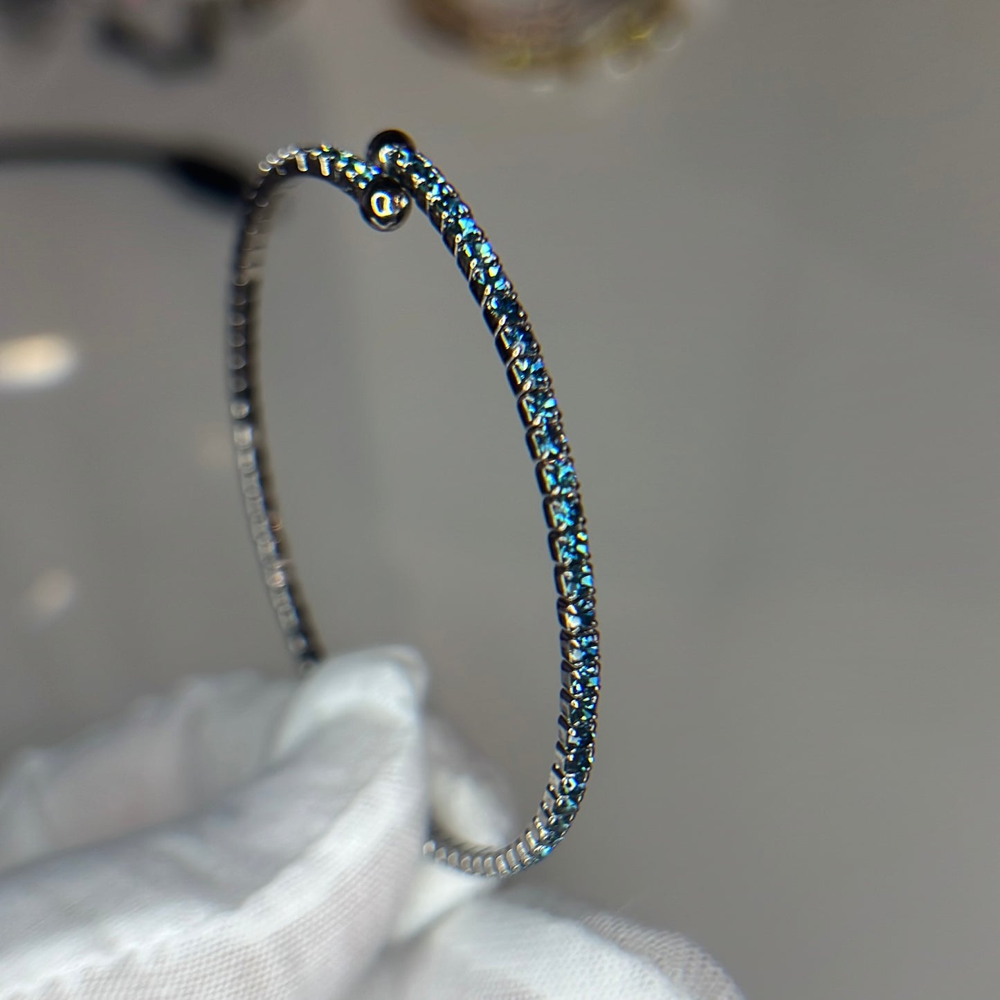 Icy Blue Crystal Hematite Plated Slim Cuff
