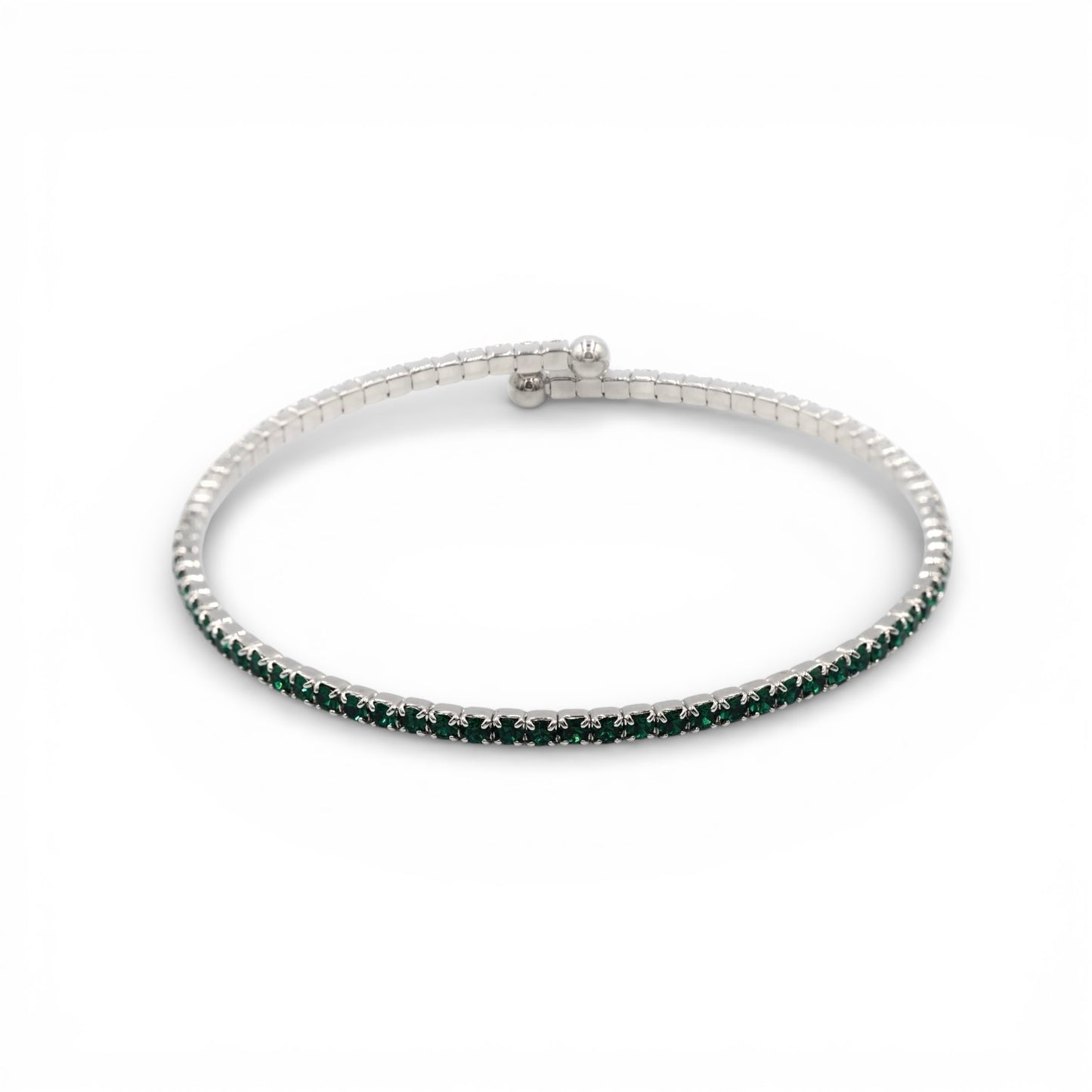 Deep Green Faceted Glass Crystals Rhodium Plated Slim Cuff