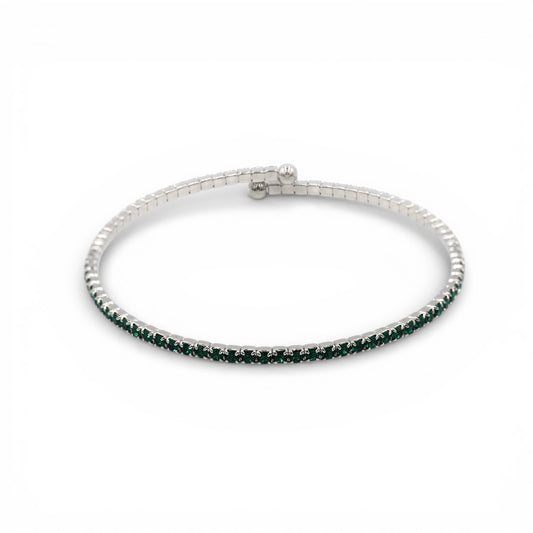 Deep Green Faceted Glass Crystals Rhodium Plated Slim Cuff